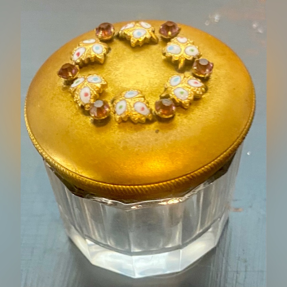 Antique victorian ormolu crystal gold filled lid trinket powder jar rare